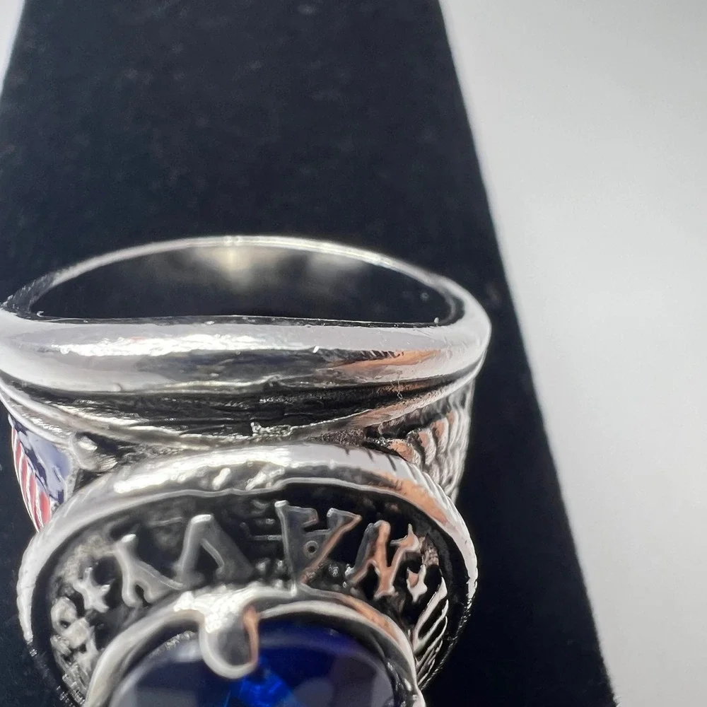 US Navy Ring Mens Size 10 Silver Tone Blue Stone Military American Patriotic